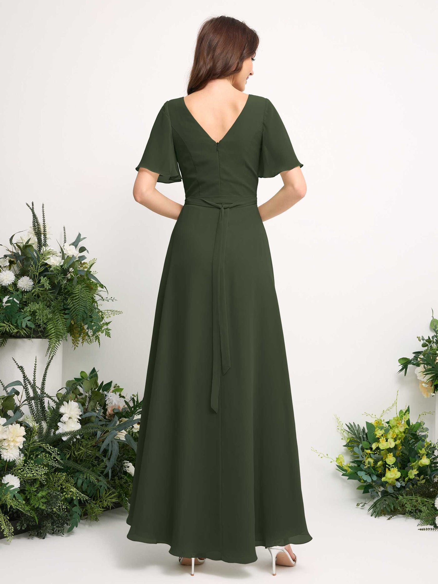 A-Line Asymmetric Chiffon Maxi Dress | V-Neck Short Sleeve Bridesmaid & Wedding Guest Dress #color_martini-olive