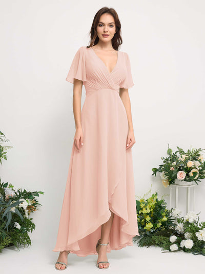A-Line Asymmetric Chiffon Maxi Dress | V-Neck Short Sleeve Bridesmaid & Wedding Guest Dress #color_pearl-pink