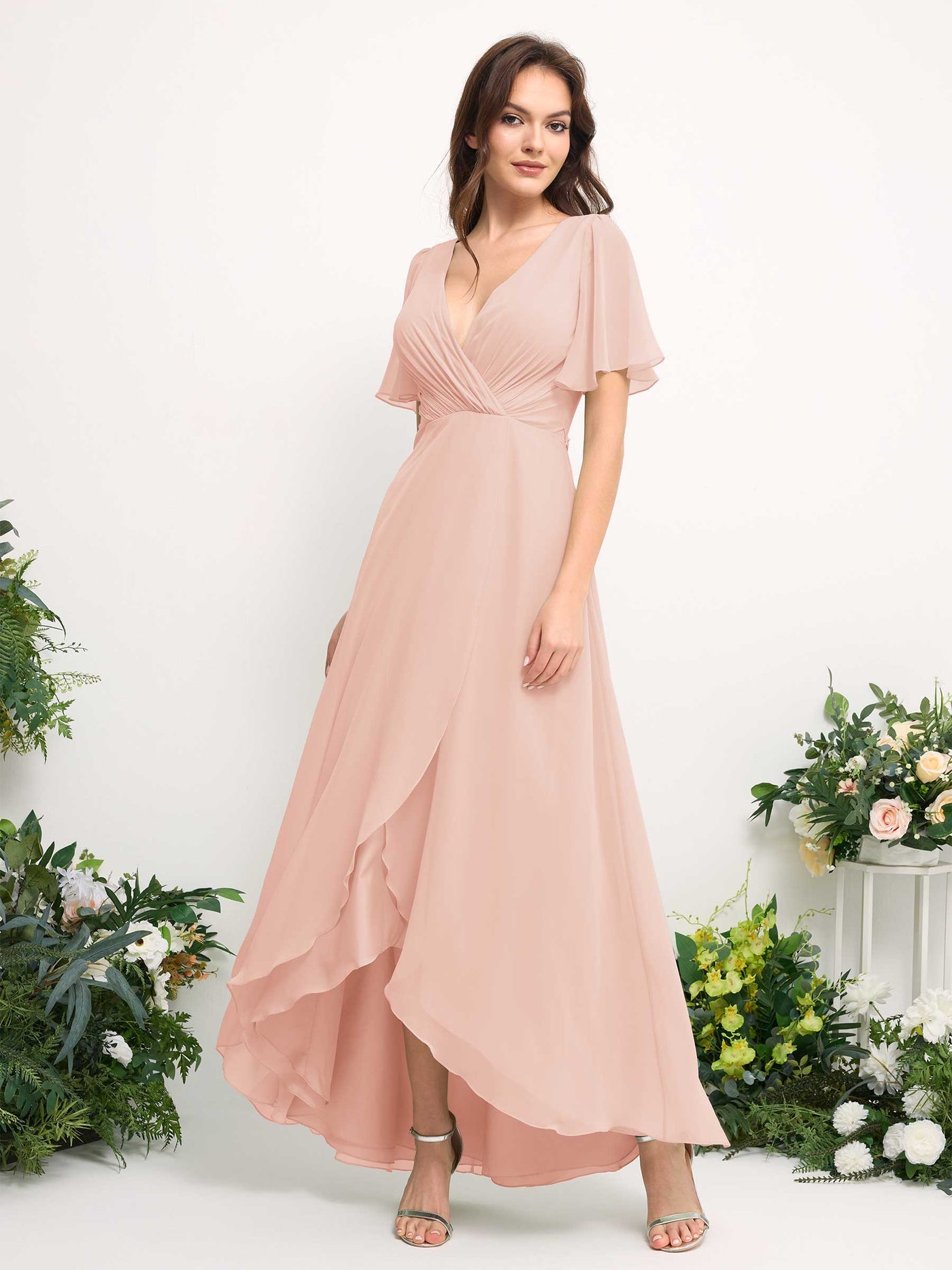 A-Line Asymmetric Chiffon Maxi Dress | V-Neck Short Sleeve Bridesmaid & Wedding Guest Dress #color_pearl-pink