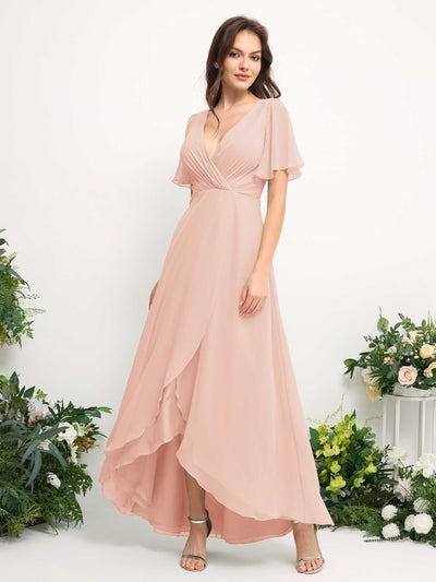 A-Line Asymmetric Chiffon Maxi Dress | V-Neck Short Sleeve Bridesmaid & Wedding Guest Dress #color_pearl-pink