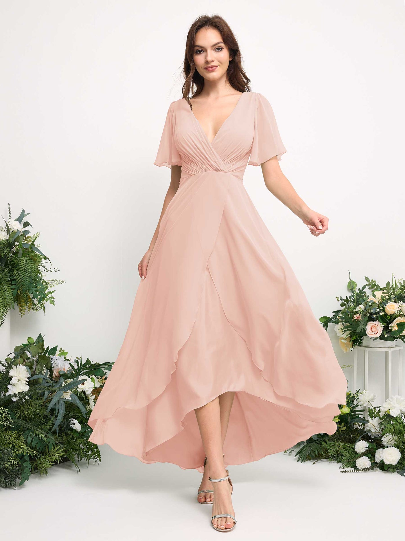 A-Line Asymmetric Chiffon Maxi Dress | V-Neck Short Sleeve Bridesmaid & Wedding Guest Dress #color_pearl-pink