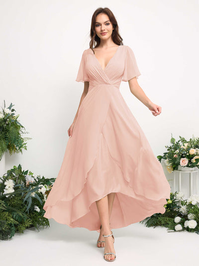 A-Line Asymmetric Chiffon Maxi Dress | V-Neck Short Sleeve Bridesmaid & Wedding Guest Dress #color_pearl-pink