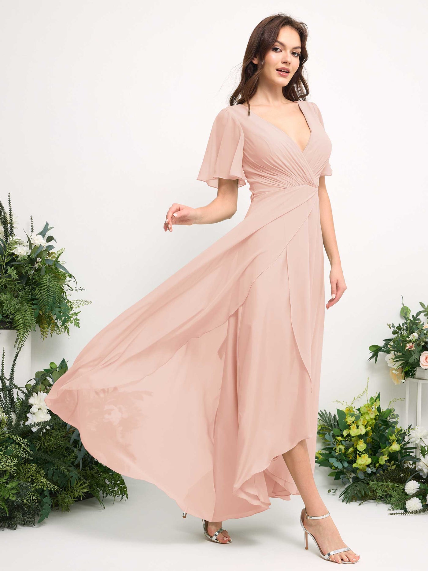 A-Line Asymmetric Chiffon Maxi Dress | V-Neck Short Sleeve Bridesmaid & Wedding Guest Dress #color_pearl-pink