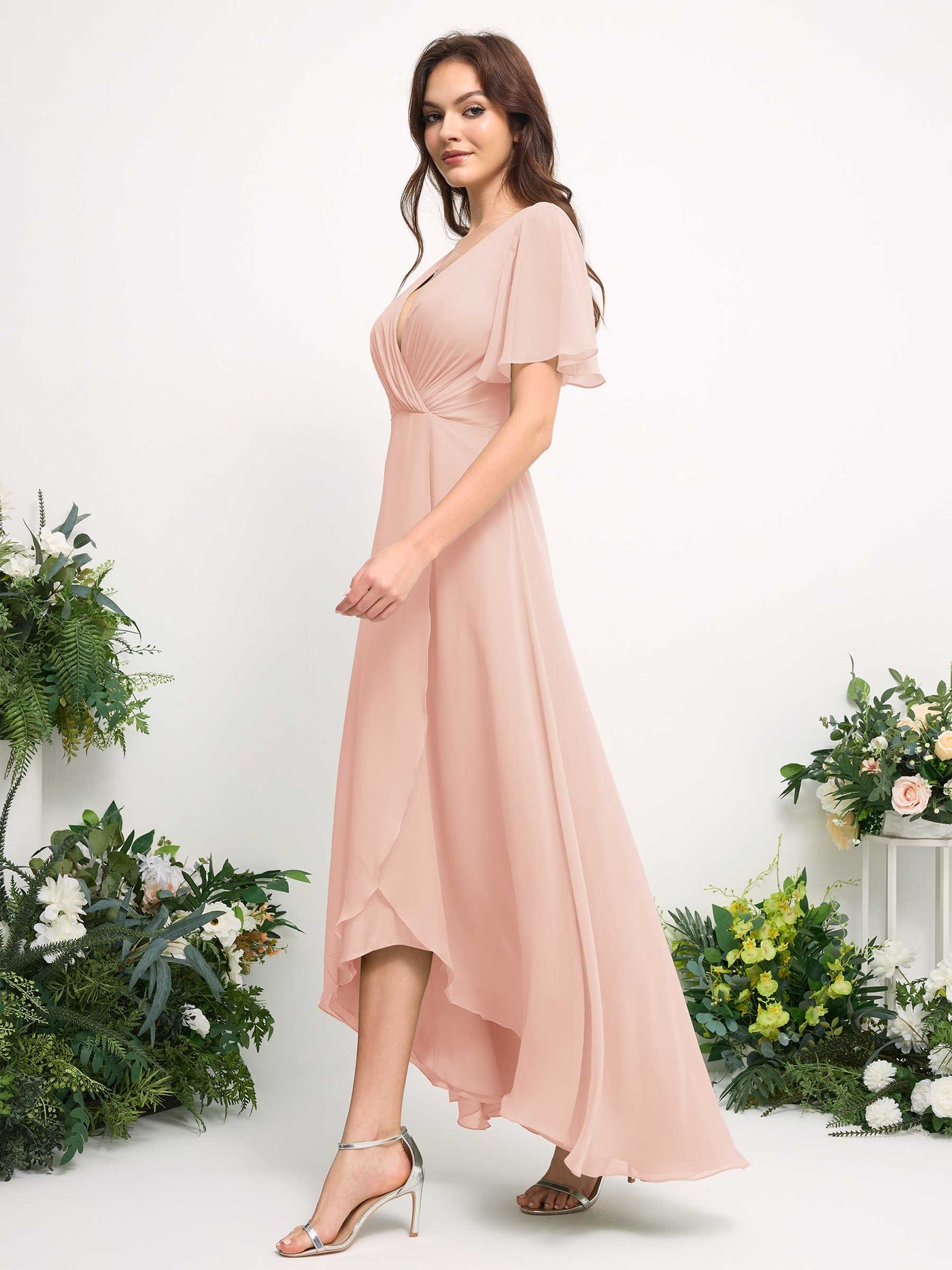 A-Line Asymmetric Chiffon Maxi Dress | V-Neck Short Sleeve Bridesmaid & Wedding Guest Dress #color_pearl-pink
