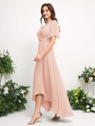 A-Line Asymmetric Chiffon Maxi Dress | V-Neck Short Sleeve Bridesmaid & Wedding Guest Dress #color_pearl-pink