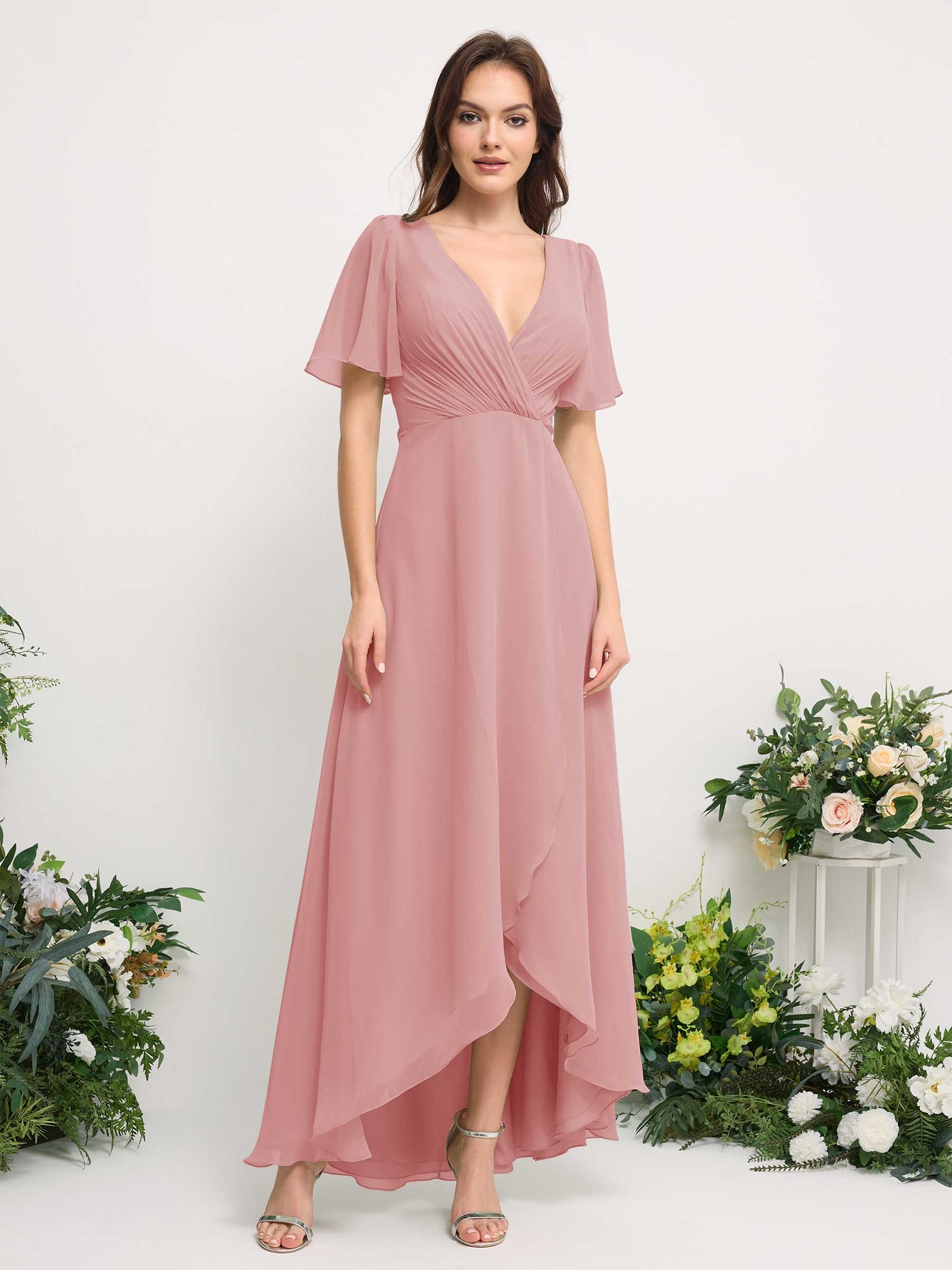 A-Line Asymmetric Chiffon Maxi Dress | V-Neck Short Sleeve Bridesmaid & Wedding Guest Dress #color_dusty-rose