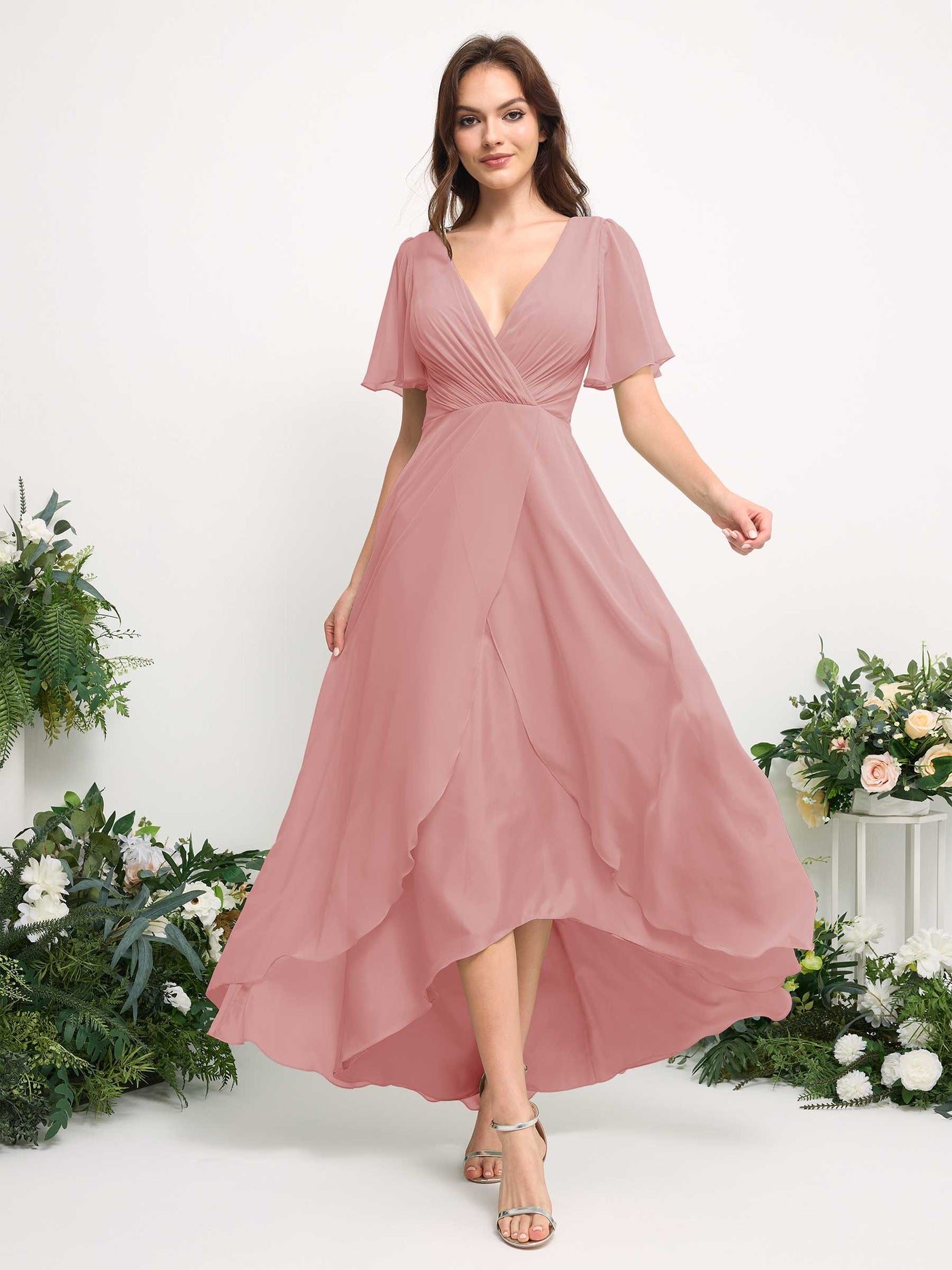 A-Line Asymmetric Chiffon Maxi Dress | V-Neck Short Sleeve Bridesmaid & Wedding Guest Dress #color_dusty-rose