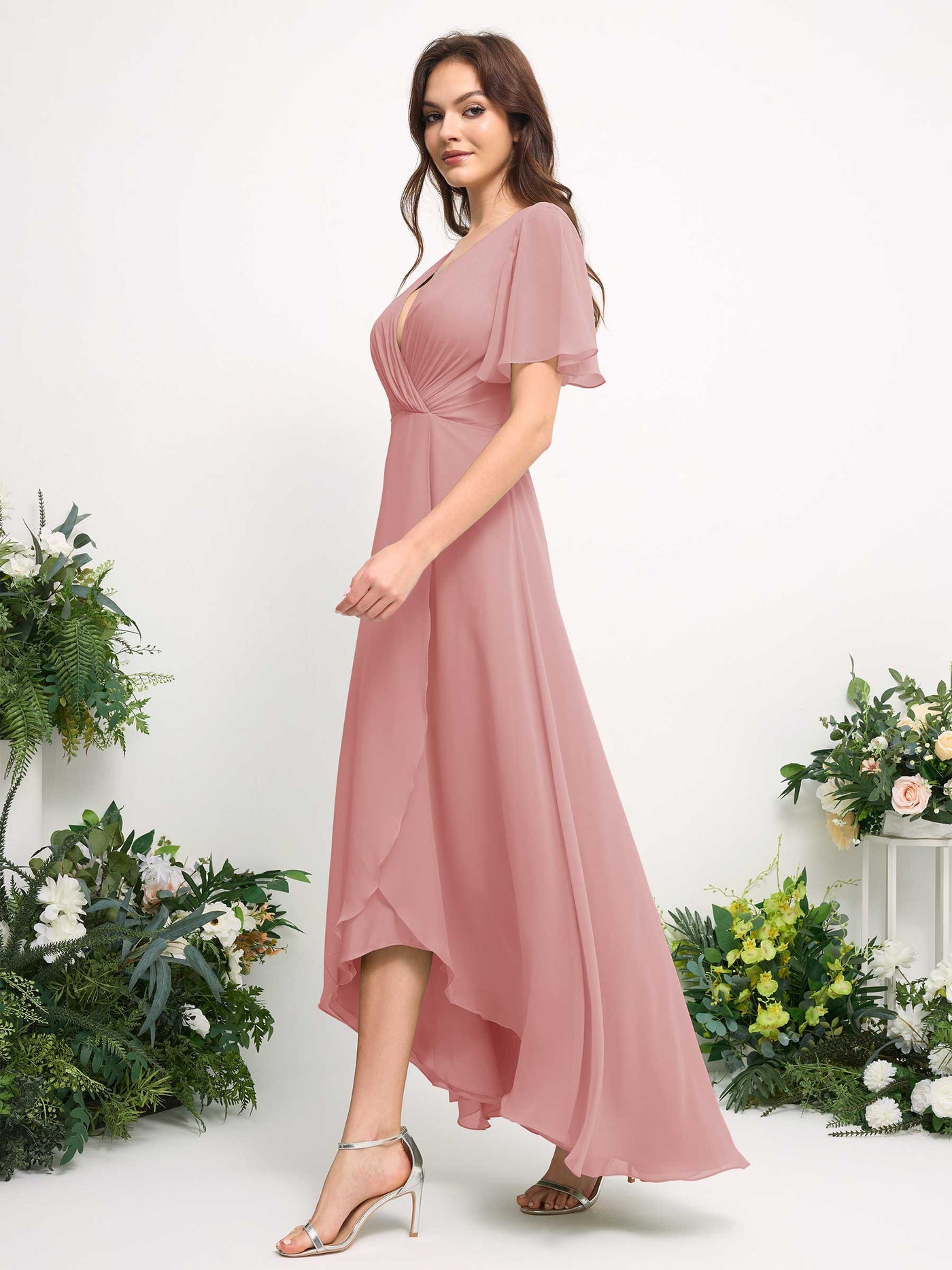 A-Line Asymmetric Chiffon Maxi Dress | V-Neck Short Sleeve Bridesmaid & Wedding Guest Dress #color_dusty-rose