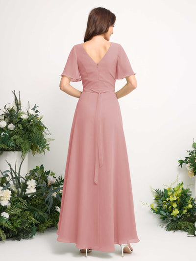 A-Line Asymmetric Chiffon Maxi Dress | V-Neck Short Sleeve Bridesmaid & Wedding Guest Dress #color_dusty-rose