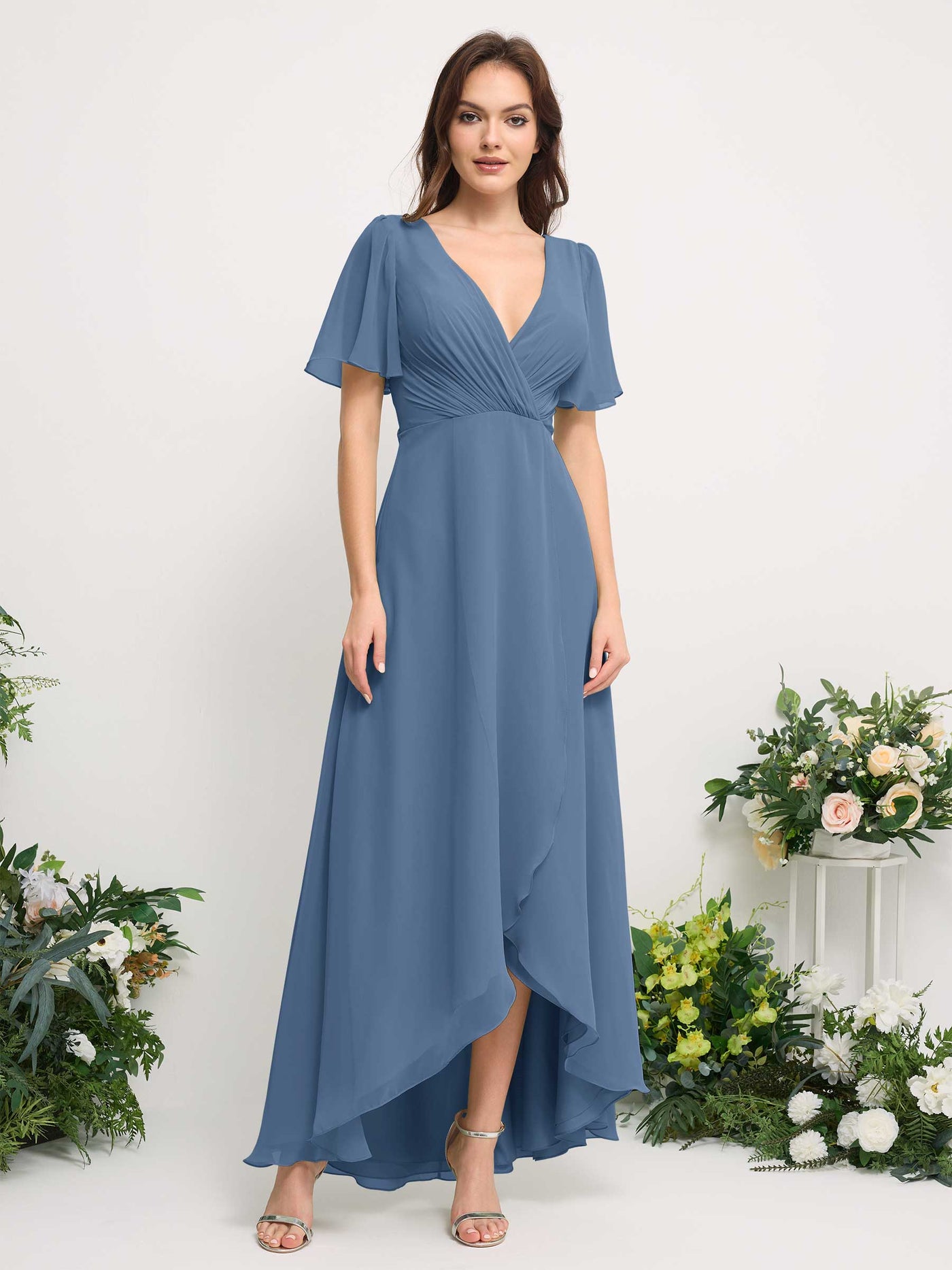 A-Line Asymmetric Chiffon Maxi Dress | V-Neck Short Sleeve Bridesmaid & Wedding Guest Dress #color_dusty-blue