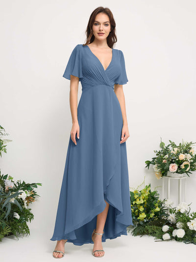 A-Line Asymmetric Chiffon Maxi Dress | V-Neck Short Sleeve Bridesmaid & Wedding Guest Dress #color_dusty-blue