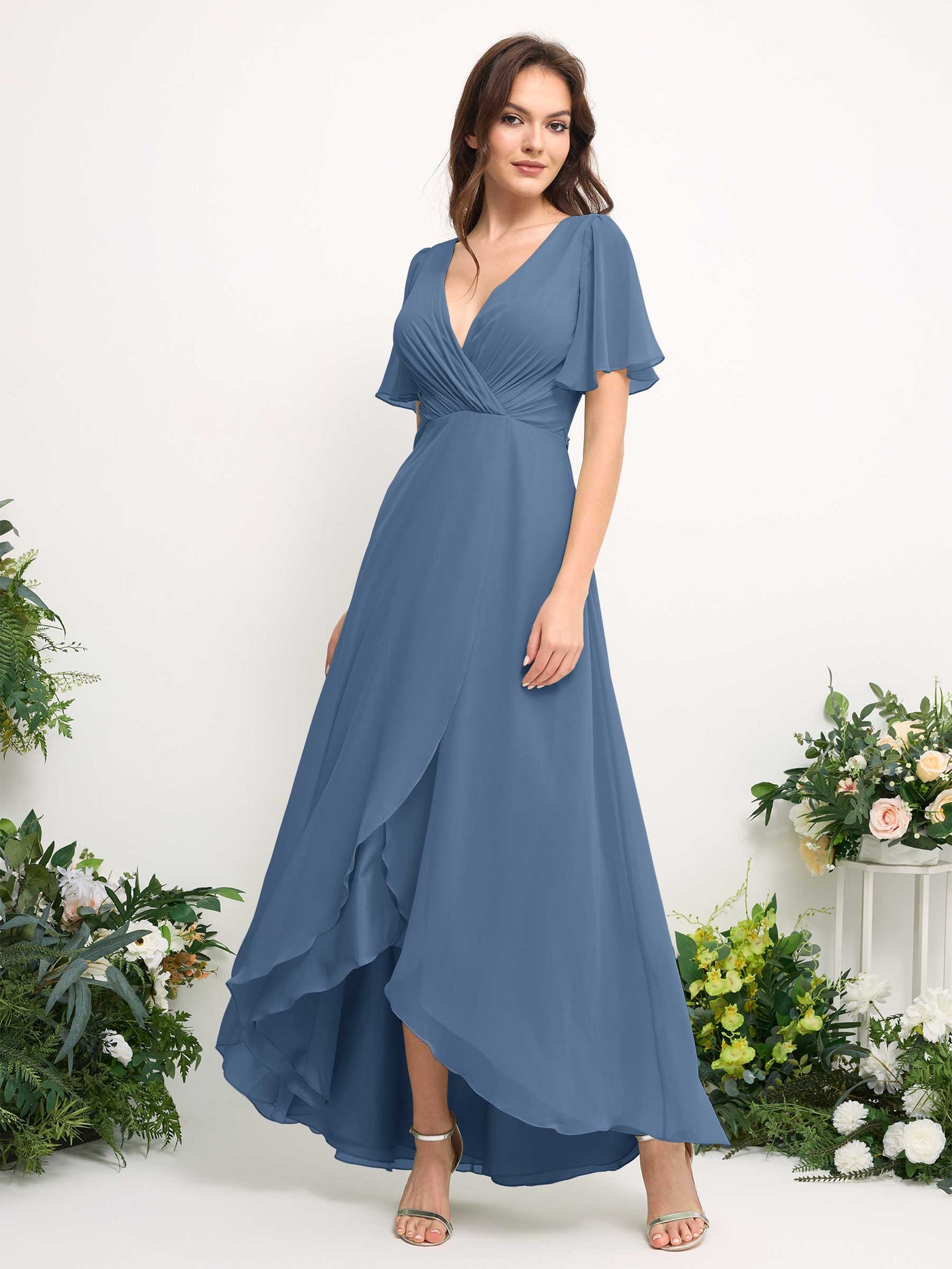 A-Line Asymmetric Chiffon Maxi Dress | V-Neck Short Sleeve Bridesmaid & Wedding Guest Dress #color_dusty-blue