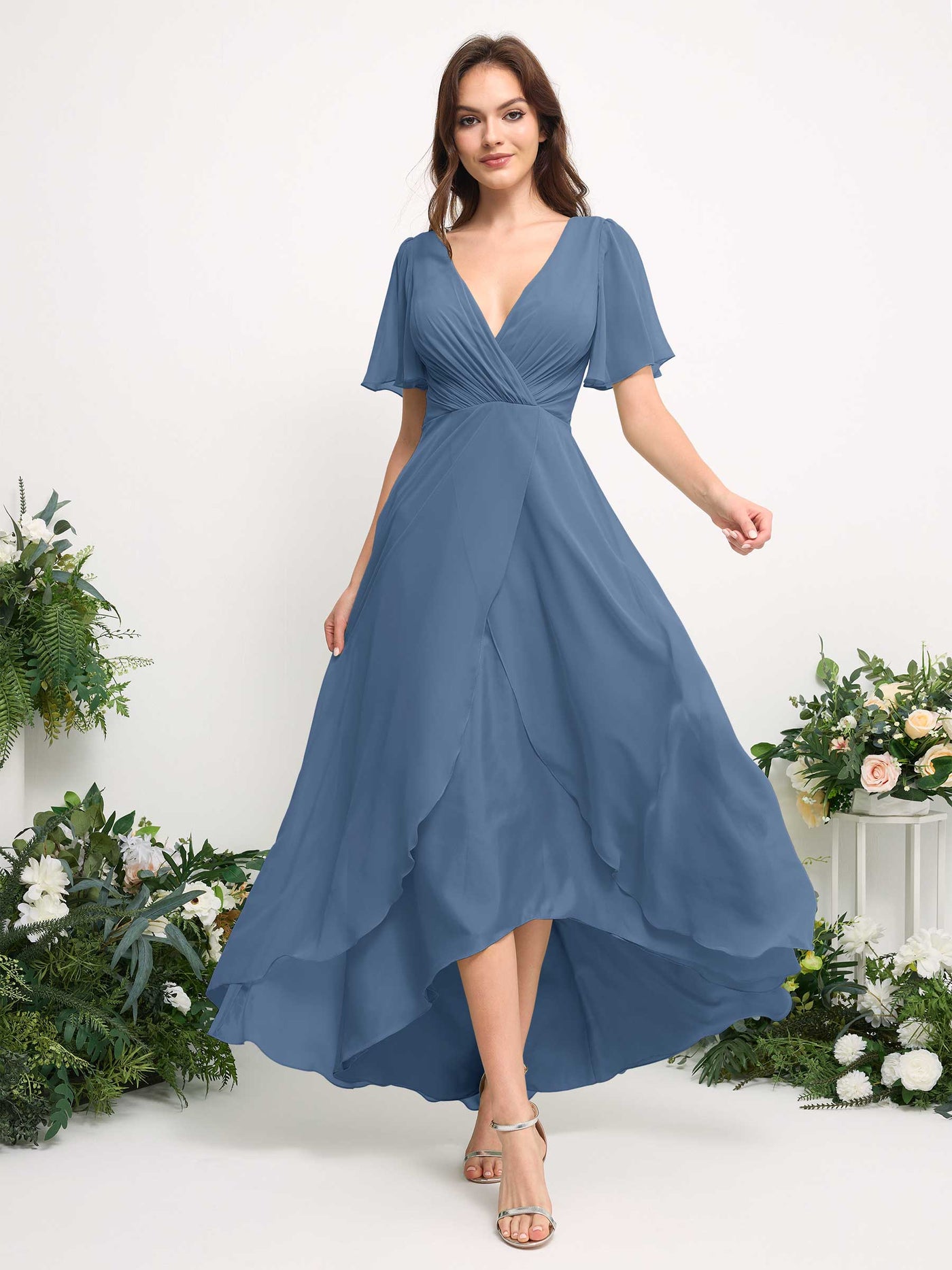 A-Line Asymmetric Chiffon Maxi Dress | V-Neck Short Sleeve Bridesmaid & Wedding Guest Dress #color_dusty-blue