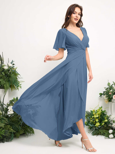 A-Line Asymmetric Chiffon Maxi Dress | V-Neck Short Sleeve Bridesmaid & Wedding Guest Dress #color_dusty-blue