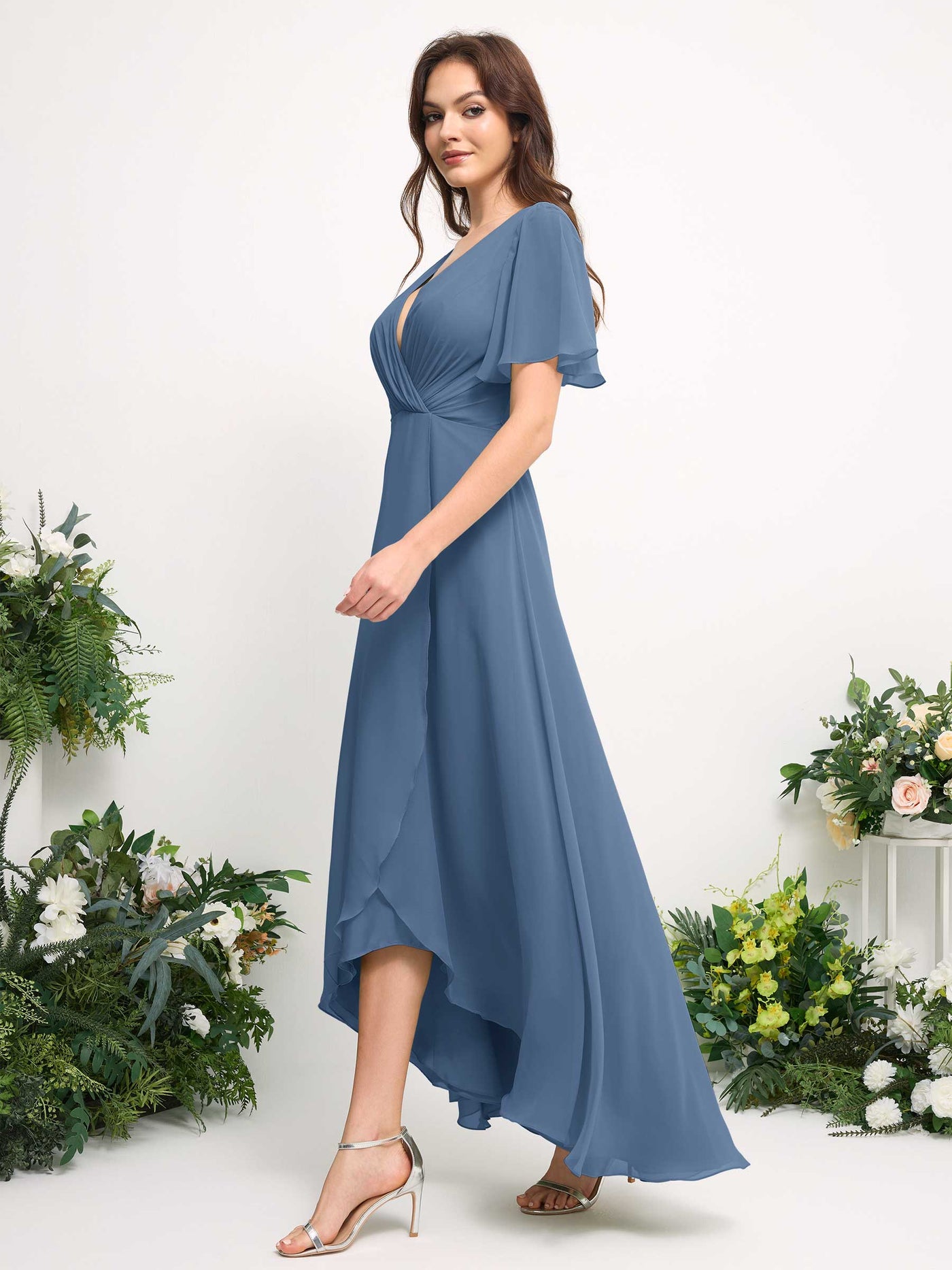 A-Line Asymmetric Chiffon Maxi Dress | V-Neck Short Sleeve Bridesmaid & Wedding Guest Dress #color_dusty-blue