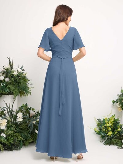 A-Line Asymmetric Chiffon Maxi Dress | V-Neck Short Sleeve Bridesmaid & Wedding Guest Dress #color_dusty-blue