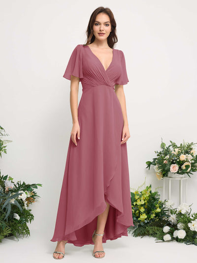 A-Line Asymmetric Chiffon Maxi Dress | V-Neck Short Sleeve Bridesmaid & Wedding Guest Dress #color_desert-rose