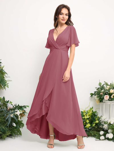 A-Line Asymmetric Chiffon Maxi Dress | V-Neck Short Sleeve Bridesmaid & Wedding Guest Dress #color_desert-rose