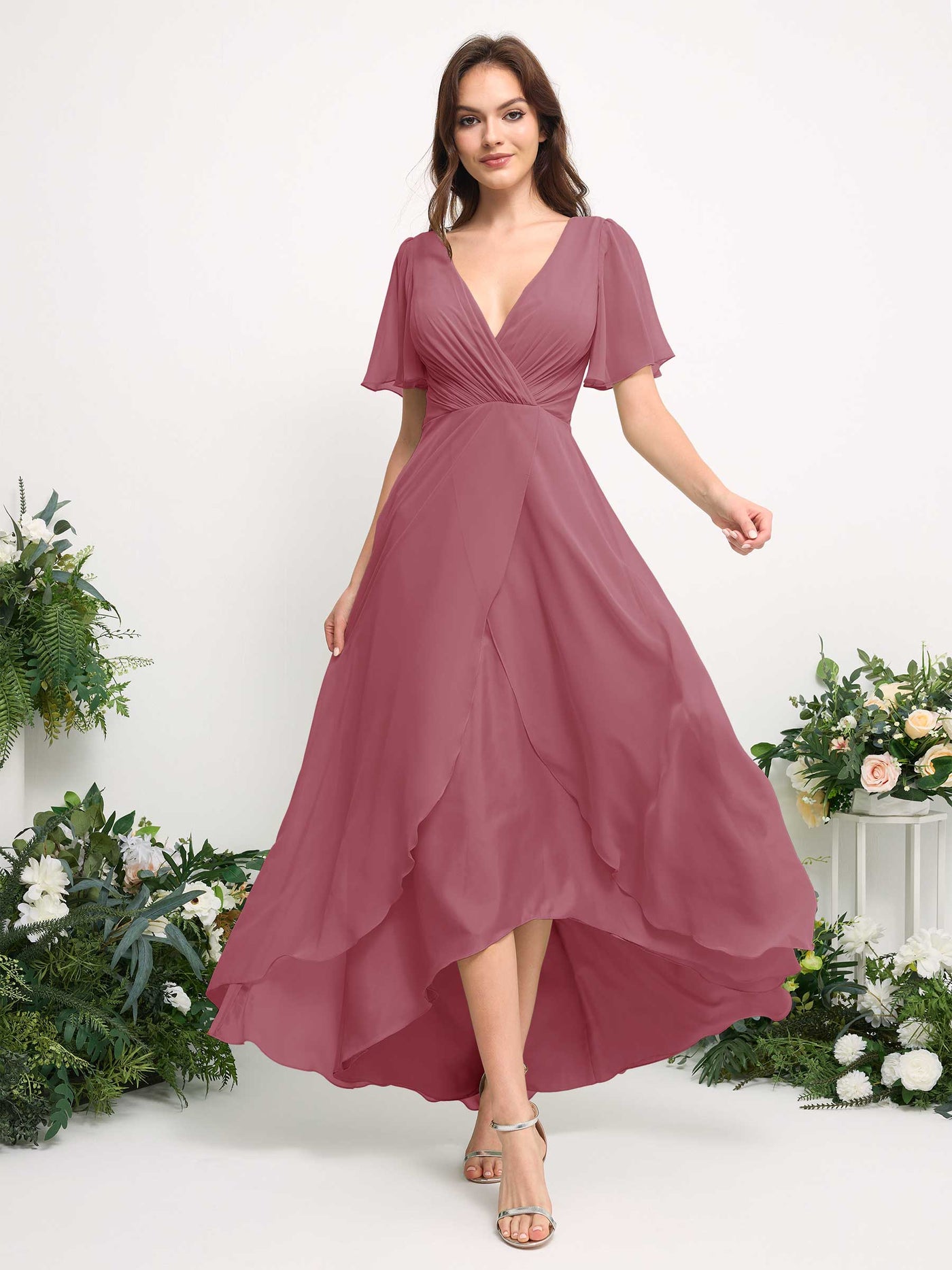 A-Line Asymmetric Chiffon Maxi Dress | V-Neck Short Sleeve Bridesmaid & Wedding Guest Dress #color_desert-rose
