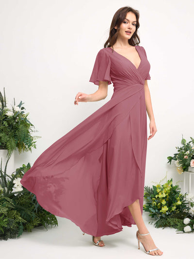 A-Line Asymmetric Chiffon Maxi Dress | V-Neck Short Sleeve Bridesmaid & Wedding Guest Dress #color_desert-rose