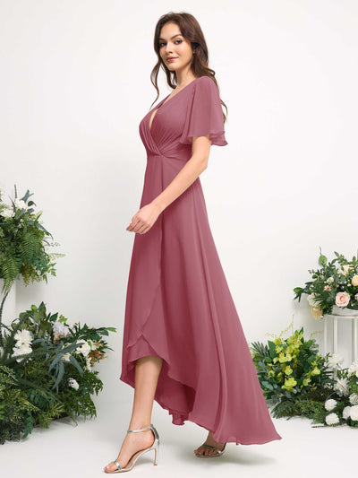 A-Line Asymmetric Chiffon Maxi Dress | V-Neck Short Sleeve Bridesmaid & Wedding Guest Dress #color_desert-rose