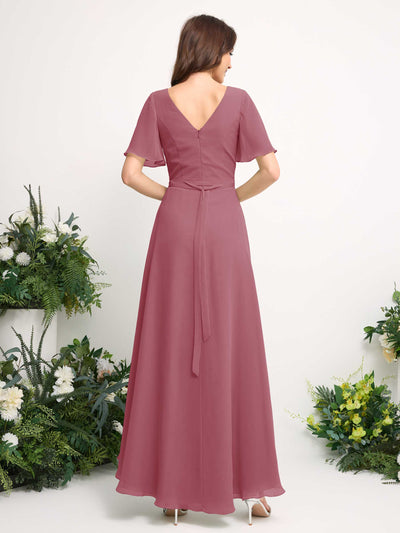 A-Line Asymmetric Chiffon Maxi Dress | V-Neck Short Sleeve Bridesmaid & Wedding Guest Dress #color_desert-rose