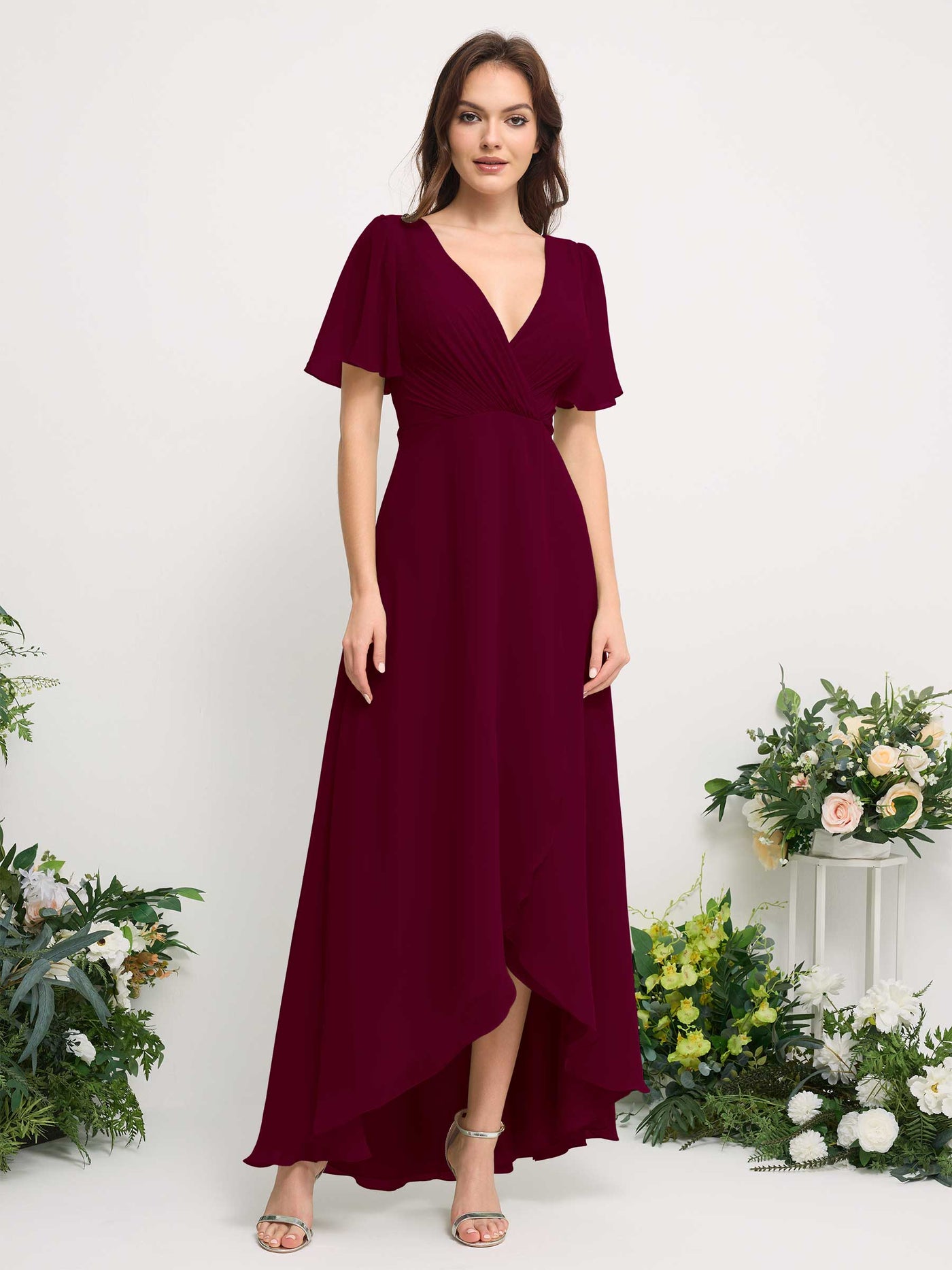 A-Line Asymmetric Chiffon Maxi Dress | V-Neck Short Sleeve Bridesmaid & Wedding Guest Dress #color_burgundy