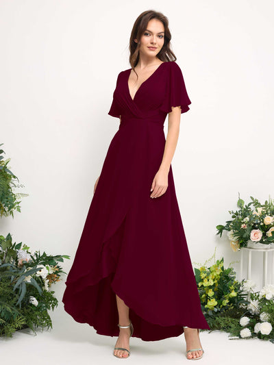 A-Line Asymmetric Chiffon Maxi Dress | V-Neck Short Sleeve Bridesmaid & Wedding Guest Dress #color_burgundy