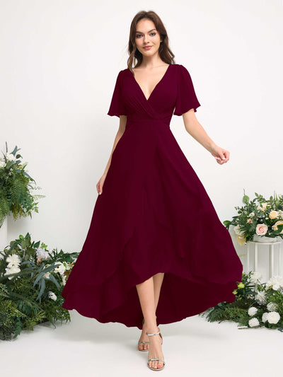 A-Line Asymmetric Chiffon Maxi Dress | V-Neck Short Sleeve Bridesmaid & Wedding Guest Dress #color_burgundy
