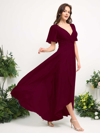 A-Line Asymmetric Chiffon Maxi Dress | V-Neck Short Sleeve Bridesmaid & Wedding Guest Dress #color_burgundy