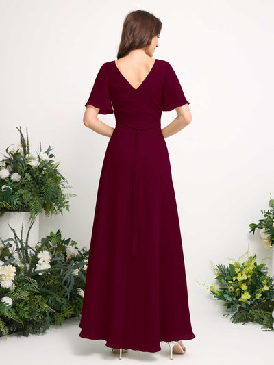 A-Line Asymmetric Chiffon Maxi Dress | V-Neck Short Sleeve Bridesmaid & Wedding Guest Dress #color_burgundy