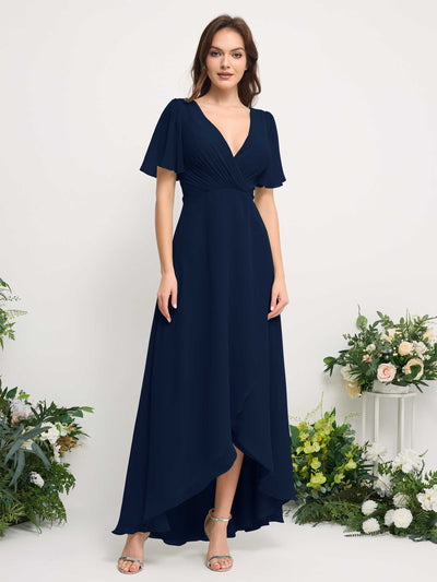 A-Line Asymmetric Chiffon Maxi Dress | V-Neck Short Sleeve Bridesmaid & Wedding Guest Dress #color_navy