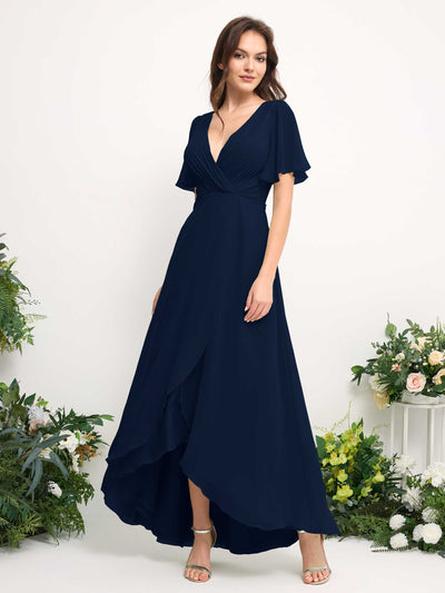 A-Line Asymmetric Chiffon Maxi Dress | V-Neck Short Sleeve Bridesmaid & Wedding Guest Dress #color_navy