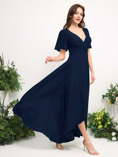 A-Line Asymmetric Chiffon Maxi Dress | V-Neck Short Sleeve Bridesmaid & Wedding Guest Dress #color_navy