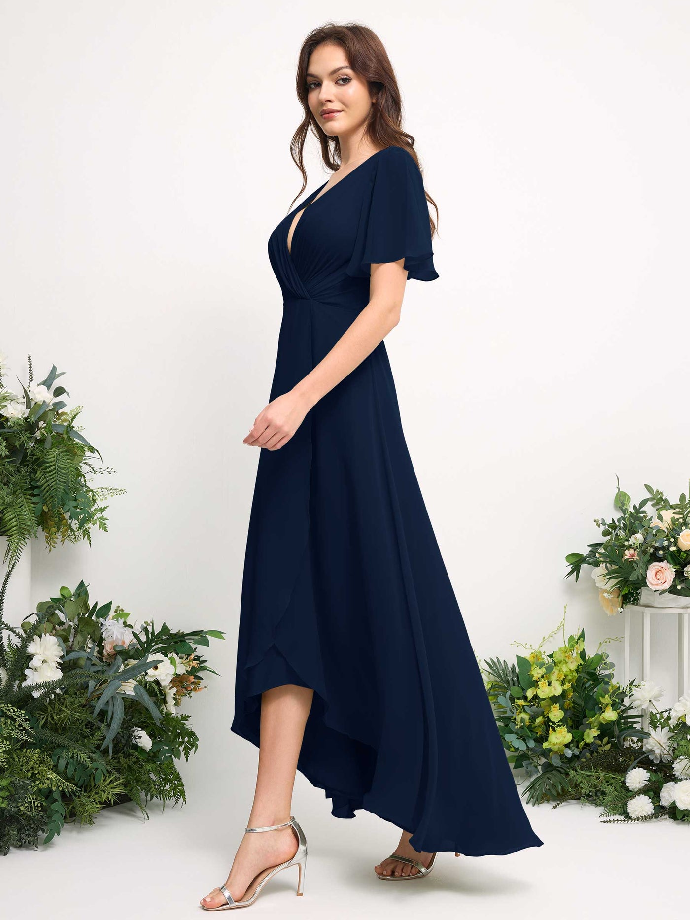 A-Line Asymmetric Chiffon Maxi Dress | V-Neck Short Sleeve Bridesmaid & Wedding Guest Dress #color_navy