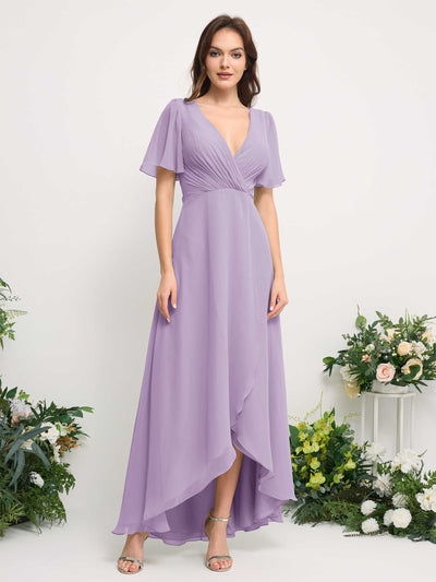 A-Line Asymmetric Chiffon Maxi Dress | V-Neck Short Sleeve Bridesmaid & Wedding Guest Dress #color_lilac