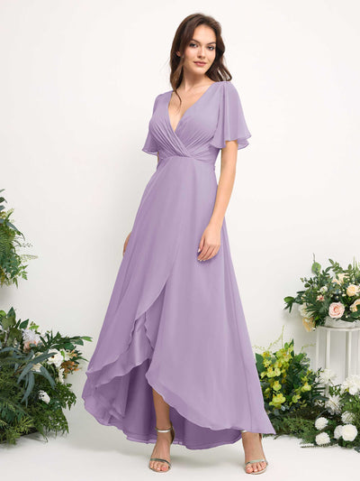 A-Line Asymmetric Chiffon Maxi Dress | V-Neck Short Sleeve Bridesmaid & Wedding Guest Dress #color_lilac