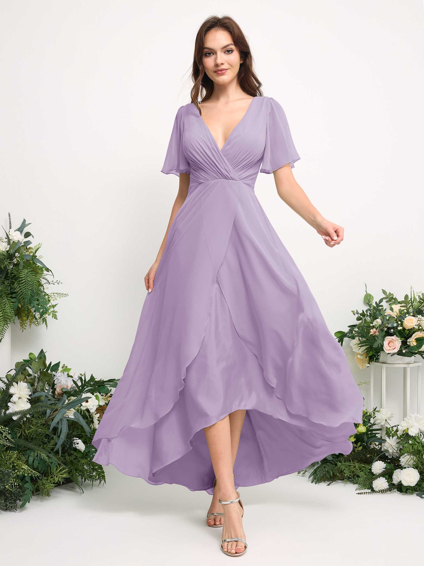 A-Line Asymmetric Chiffon Maxi Dress | V-Neck Short Sleeve Bridesmaid & Wedding Guest Dress #color_lilac