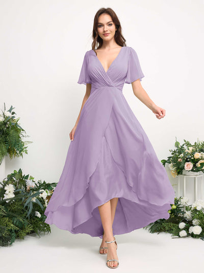A-Line Asymmetric Chiffon Maxi Dress | V-Neck Short Sleeve Bridesmaid & Wedding Guest Dress #color_lilac