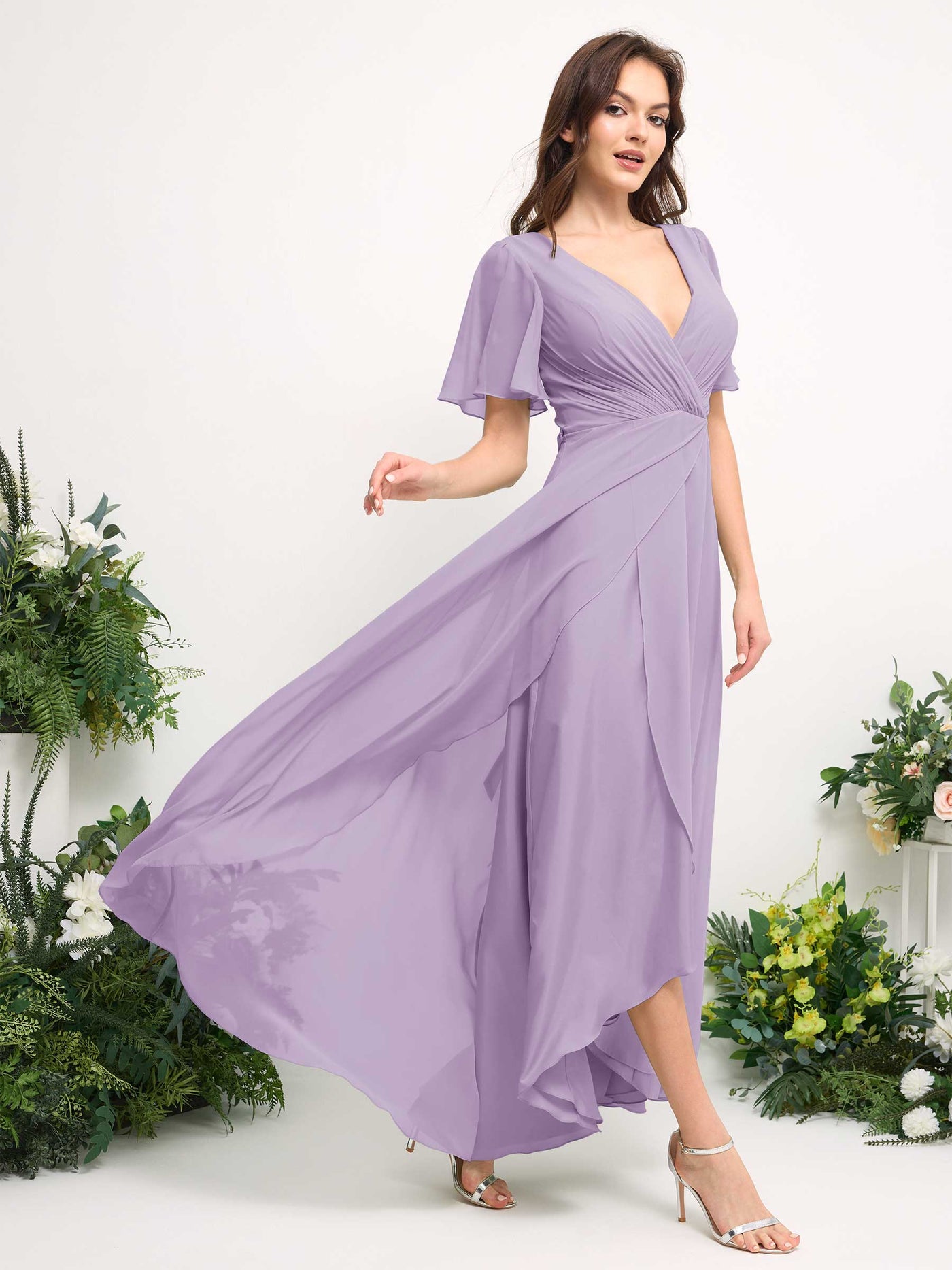 A-Line Asymmetric Chiffon Maxi Dress | V-Neck Short Sleeve Bridesmaid & Wedding Guest Dress #color_lilac