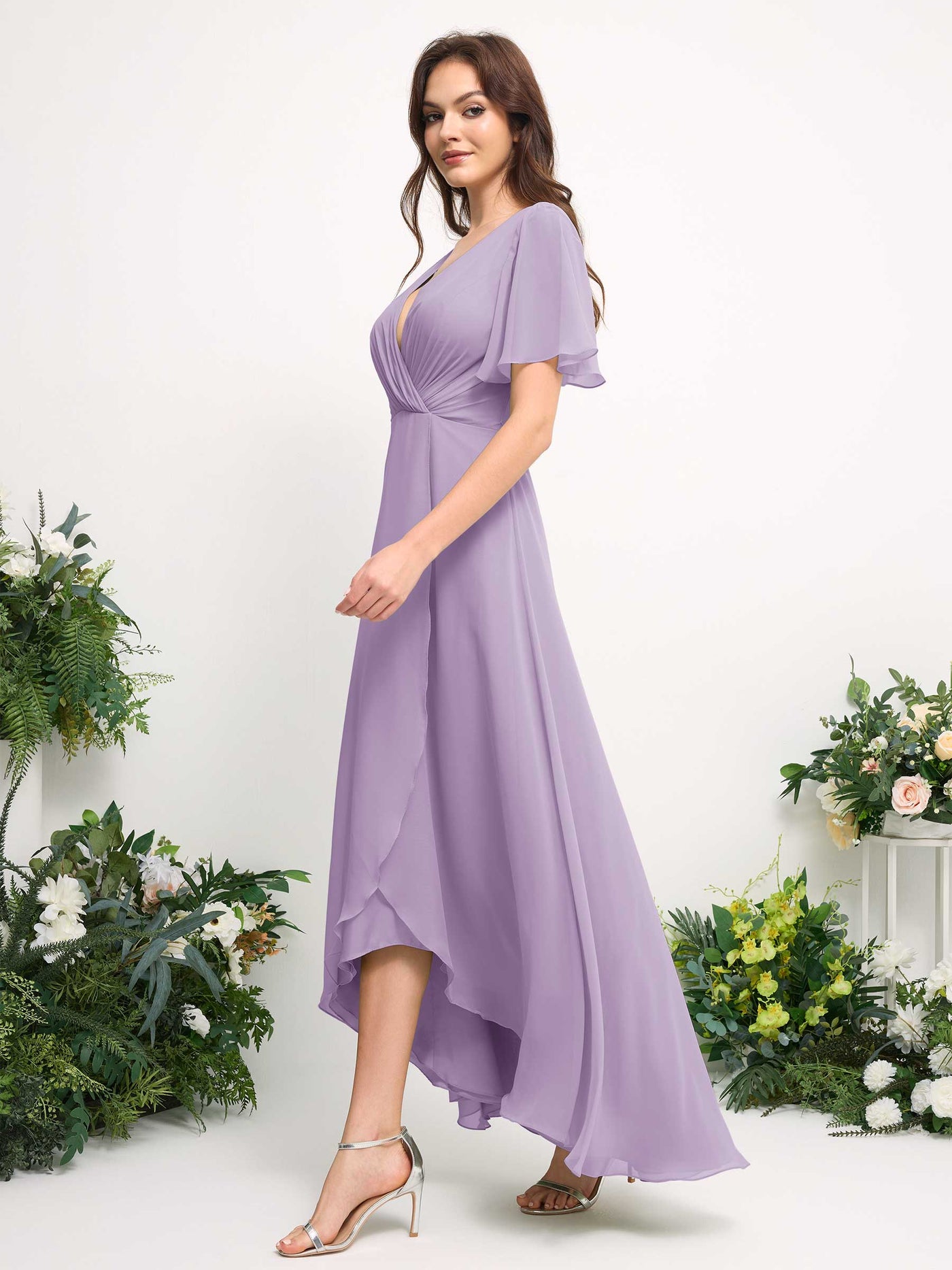A-Line Asymmetric Chiffon Maxi Dress | V-Neck Short Sleeve Bridesmaid & Wedding Guest Dress #color_lilac