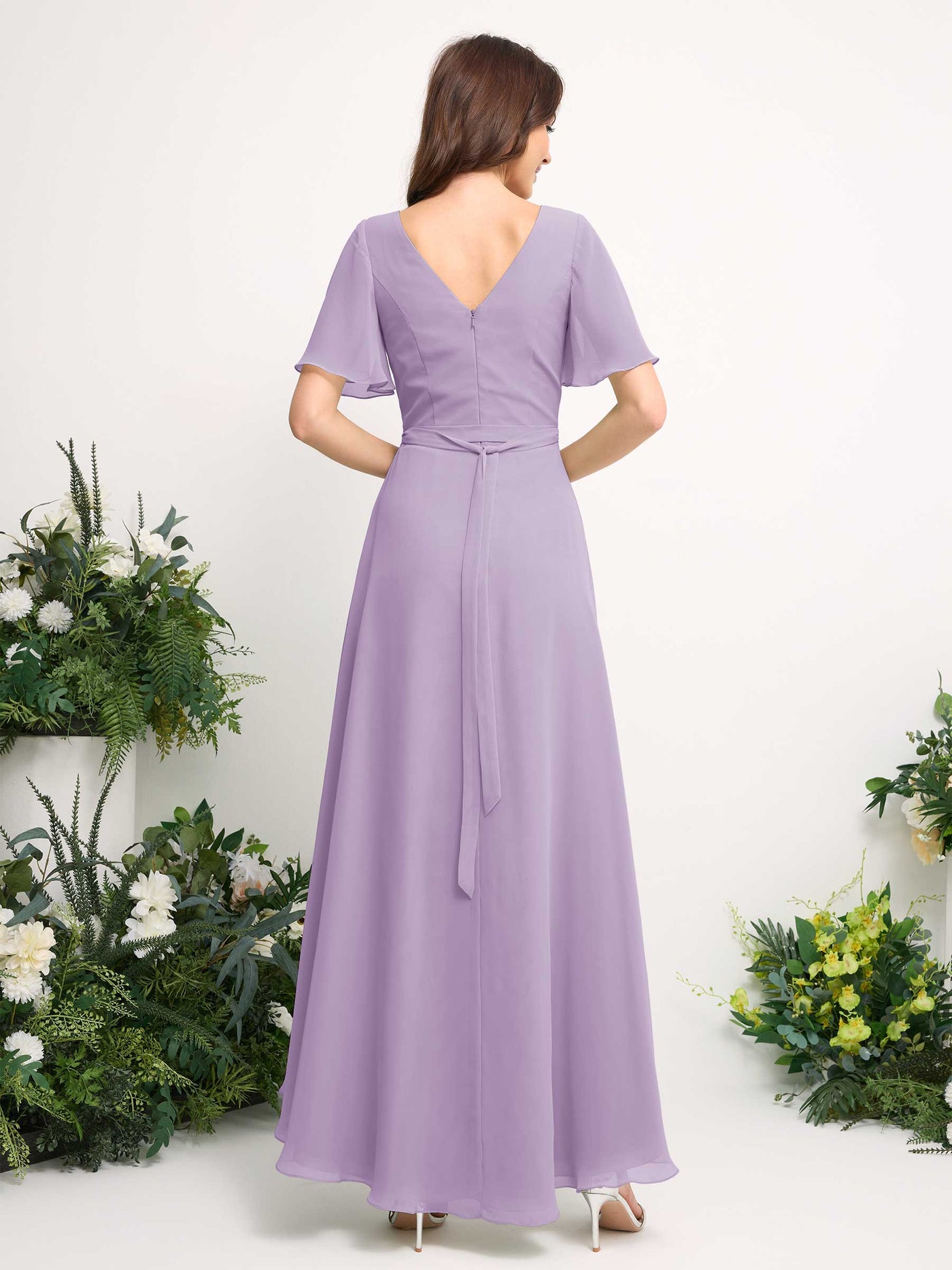 A-Line Asymmetric Chiffon Maxi Dress | V-Neck Short Sleeve Bridesmaid & Wedding Guest Dress #color_lilac