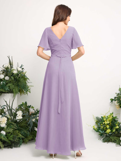 A-Line Asymmetric Chiffon Maxi Dress | V-Neck Short Sleeve Bridesmaid & Wedding Guest Dress #color_lilac