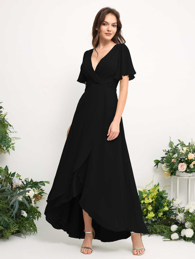 A-Line Asymmetric Chiffon Maxi Dress | V-Neck Short Sleeve Bridesmaid & Wedding Guest Dress #color_black