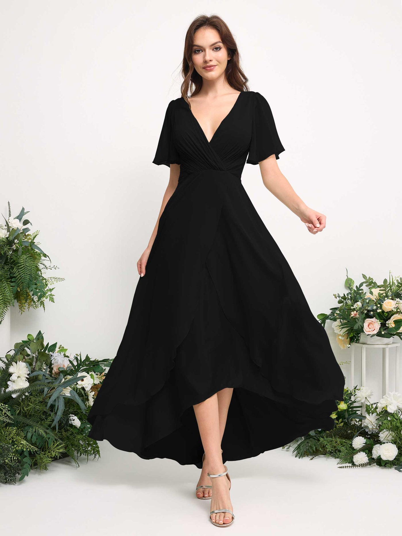 A-Line Asymmetric Chiffon Maxi Dress | V-Neck Short Sleeve Bridesmaid & Wedding Guest Dress #color_black