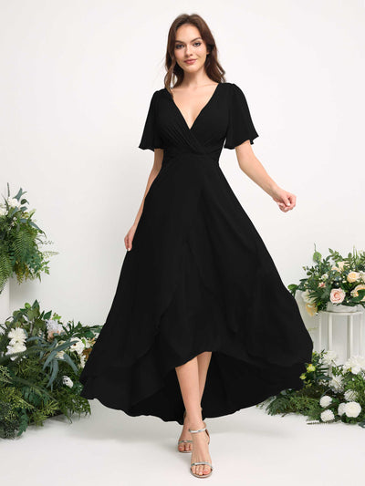 A-Line Asymmetric Chiffon Maxi Dress | V-Neck Short Sleeve Bridesmaid & Wedding Guest Dress #color_black
