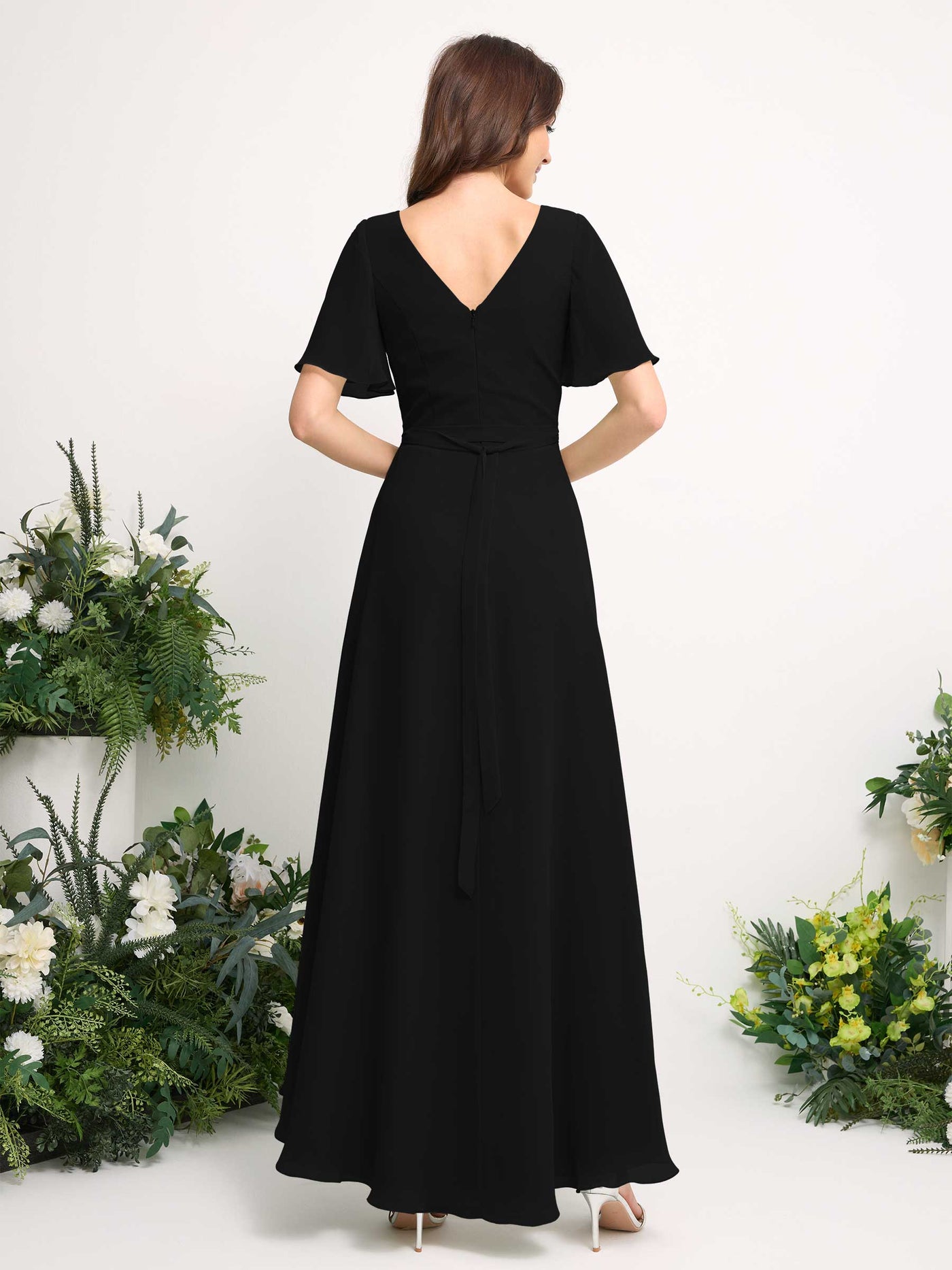 A-Line Asymmetric Chiffon Maxi Dress | V-Neck Short Sleeve Bridesmaid & Wedding Guest Dress #color_black