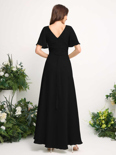 A-Line Asymmetric Chiffon Maxi Dress | V-Neck Short Sleeve Bridesmaid & Wedding Guest Dress #color_black