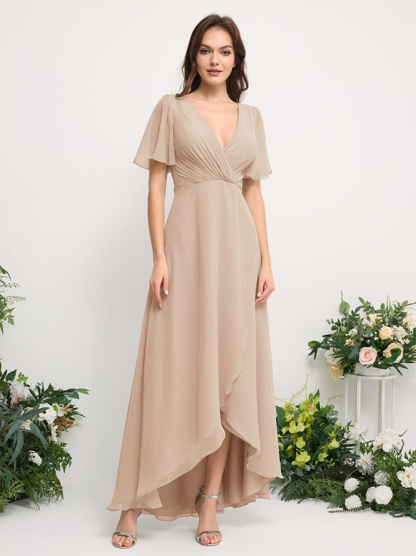 A-Line Asymmetric Chiffon Maxi Dress | V-Neck Short Sleeve Bridesmaid & Wedding Guest Dress #color_champagne