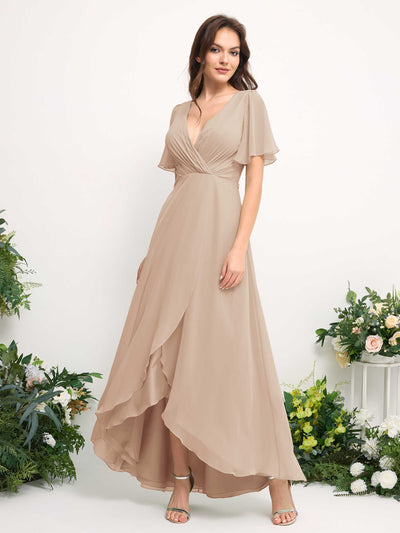 A-Line Asymmetric Chiffon Maxi Dress | V-Neck Short Sleeve Bridesmaid & Wedding Guest Dress #color_champagne